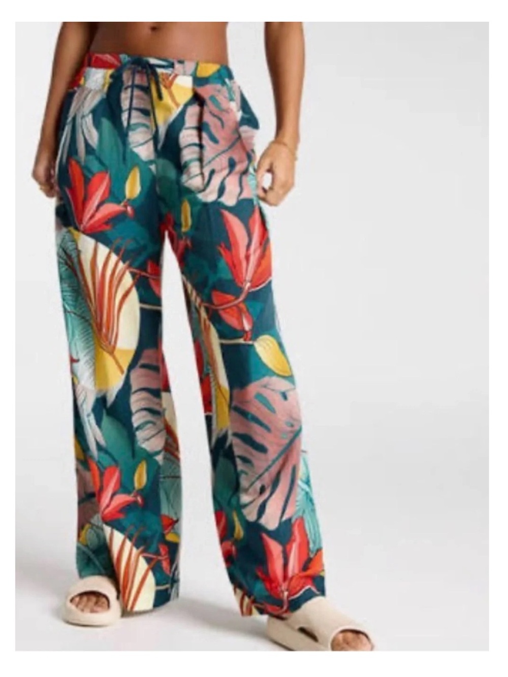 CALIA by Carrie Underwood Teal Tropical Wide-Leg Pants